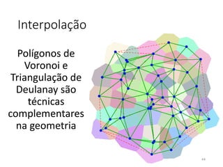 Interpolação
Polígonos de
Voronoi e
Triangulação de
Deulanay são
técnicas
complementares
na geometria
44
 
