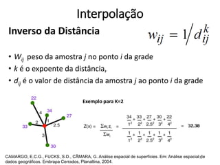 Interpolação
Inverso da Distância
• Wij peso da amostra j no ponto i da grade
• k é o expoente da distância,
• dij é o valor de distância da amostra j ao ponto i da grade
Exemplo para K=2
CAMARGO, E.C.G., FUCKS, S.D., CÂMARA, G. Análise espacial de superfícies. Em: Análise espacial de
dados geográficos. Embrapa Cerrados, Planaltina, 2004.
52
 