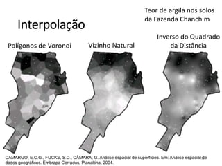 Interpolação
Polígonos de Voronoi Vizinho Natural
Inverso do Quadrado
da Distância
Teor de argila nos solos
da Fazenda Chanchim
CAMARGO, E.C.G., FUCKS, S.D., CÂMARA, G. Análise espacial de superfícies. Em: Análise espacial de
dados geográficos. Embrapa Cerrados, Planaltina, 2004.
56
 