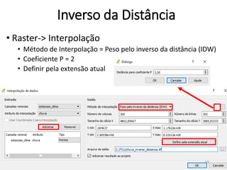 Inverso da Distância
• Raster-> Interpolação
• Método de Interpolação = Peso pelo inverso da distância (IDW)
• Coeficiente P = 2
• Definir pela extensão atual
58
 