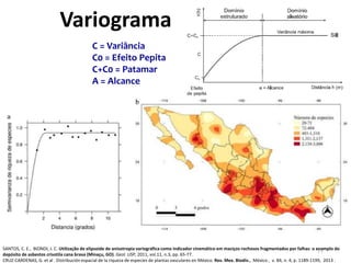 Variograma
C = Variância
C0 = Efeito Pepita
C+C0 = Patamar
A = Alcance
SANTOS, C. E., BIONDI, J. C. Utilização de elipsoide de anisotropia variográfica como indicador cinemático em maciços rochosos fragmentados por falhas: o exemplo do
depósito de asbestos crisotila cana brava (Minaçu, GO). Geol. USP, 2011, vol.11, n.3, pp. 65-77.
CRUZ-CARDENAS, G. et al . Distribución espacial de la riqueza de especies de plantas vasculares en México. Rev. Mex. Biodiv., México , v. 84, n. 4, p. 1189-1199, 2013 .
77
 