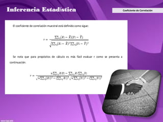 Inferencia Estadística                                                               Coeficiente de Correlación




  El coeficiente de correlación muestral está definido como sigue:




  Se nota que para propósitos de cálculo es más fácil evaluar r como se presenta a
continuación:
 