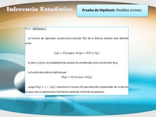 Inferencia Estadística                                   Prueba de Hipótesis: Posibles errores



      4.1.1.- Definición 1:


        La función de operación característica (función OC) de la Dócima anterior está definida
      como




        Es decir,      es la probabilidad de aceptar Ho considerada como una función de .


        La función de potencia definida por




        Luego                    . Usaremos la función OC para describir propiedades de la dócima
      aunque esto se podría hacer fácilmente mediante la función de potencia.
 