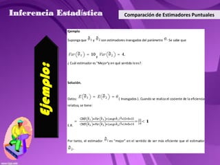 Inferencia Estadística                                        Comparación de Estimadores Puntuales

                 Ejemplo

                 Suponga que           y       son estimadores insesgados del parámetro       Se sabe que



                                           y
                 ¿ Cuál estimador es "Mejor"y en qué sentido lo es?.
      Ejemplo:

                 Solución.



                 Datos:                                   ( Insesgados ). Cuando se realiza el cociente de la eficiencia
                 relativa, se tiene:




                 E.R.



                 Por tanto, el estimador            es "mejor" en el sentido de ser más eficiente que el estimador
 