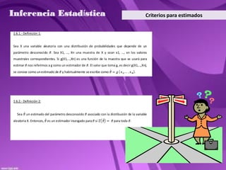 Inferencia Estadística                                                                      Criterios para estimados


1.6.1.- Definición 1:


Sea X una variable aleatoria con una distribución de probabilidades que depende de un
parámetro desconocido    . Sea X1, …, Xn una muestra de X y sean x1, …, xn los valores
muestrales correspondientes. Si g(X1,…,Xn) es una función de la muestra que se usará para
estimar nos referimos a g como un estimador de . El valor que toma g, es decir g(X1,…,Xn),
se conoce como un estimado de y habitualmente se escribe como




1.6.2.- Definición 2:


  Sea    un estimado del parámetro desconocido    asociado con la distribución de la variable
aleatoria X. Entonces, es un estimador insesgado para si             para toda
 