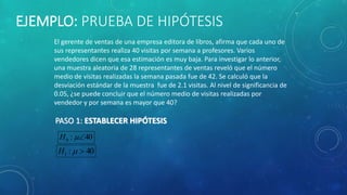 EJEMPLO: PRUEBA DE HIPÓTESIS 
El gerente de ventas de una empresa editora de libros, afirma que cada uno de 
sus representantes realiza 40 visitas por semana a profesores. Varios 
vendedores dicen que esa estimación es muy baja. Para investigar lo anterior, 
una muestra aleatoria de 28 representantes de ventas reveló que el número 
medio de visitas realizadas la semana pasada fue de 42. Se calculó que la 
desviación estándar de la muestra fue de 2.1 visitas. Al nivel de significancia de 
0.05, ¿se puede concluir que el número medio de visitas realizadas por 
vendedor y por semana es mayor que 40? 
PASO 1: ESTABLECER HIPÓTESIS 
: 40 0 H  
: 40 1 H   
 