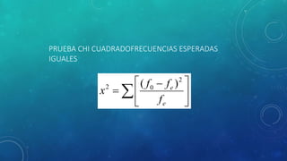 PRUEBA CHI CUADRADOFRECUENCIAS ESPERADAS 
IGUALES 
 
  
f f 
  
 
 
 
 
e 
e 
f 
x 
2 
2 0 ( ) 
 