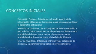 CONCEPTOS INICIALES 
Estimación Puntual.- Estadístico calculado a partir de la 
información obtenida de la muestra y que se usa para estimar 
el parámetro poblacional 
Intervalo de confianza.- es un conjunto de valores obtenido a 
partir de los datos muestrales en el que hay una determinada 
probabilidad de que se encuentre el parámetro, a esta 
probabilidad se le conoce como el nivel de significancia 
Error de muestreo.- Diferencia entre un valor estadístico de 
muestra y su parámetro de población correspondiente. 
 