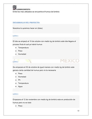 LOMBRICOMPOSTA

Entre los mas utilizados se encuentra el humus de lombriz

DESARROLLO DEL PROYECTO:
Nosotros lo quisimos hacer en (lotes)

LOTE 1

El lote se empezó el 10 de octubre con medio kg de lombriz este lote llegara al
proceso final el cual ya habrá humus
Temperatura
Peso
Humedad

LOTE 2

Se empezara el 30 de octubre de igual manera con medio kg de lombriz este
genera cierta cantidad de humus pero no la necesaria
Peso
Humedad
Ph
Temperatura
Agua

LOTE 3

Empezara el 12 de noviembre con medio kg de lombriz esta en producción de
humus pero no es todo
Peso
12

 