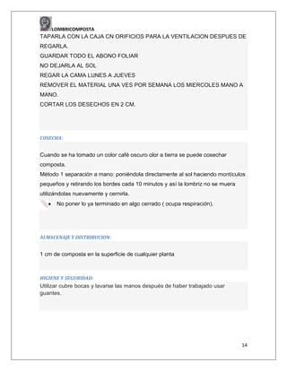 LOMBRICOMPOSTA

TAPARLA CON LA CAJA CN ORIFICIOS PARA LA VENTILACION DESPUES DE
REGARLA.
GUARDAR TODO EL ABONO FOLIAR
NO DEJARLA AL SOL
REGAR LA CAMA LUNES A JUEVES
REMOVER EL MATERIAL UNA VES POR SEMANA LOS MIERCOLES MANO A
MANO.
CORTAR LOS DESECHOS EN 2 CM.

COSECHA:

Cuando se ha tomado un color café oscuro olor a tierra se puede cosechar
composta.
Método 1 separación a mano: poniéndola directamente al sol haciendo montículos
pequeños y retirando los bordes cada 10 minutos y así la lombriz no se muera
utilizándolas nuevamente y cernirla.
No poner lo ya terminado en algo cerrado ( ocupa respiración).

ALMACENAJE Y DISTRIBUCION:

1 cm de composta en la superficie de cualquier planta

HIGIENE Y SEGURIDAD:

Utilizar cubre bocas y lavarse las manos después de haber trabajado usar
guantes.

14

 