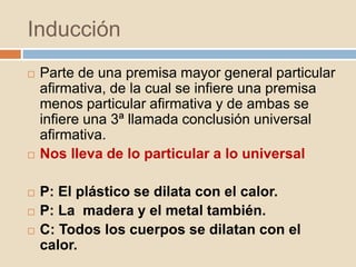 Inducción
 Parte de una premisa mayor general particular
afirmativa, de la cual se infiere una premisa
menos particular afirmativa y de ambas se
infiere una 3ª llamada conclusión universal
afirmativa.
 Nos lleva de lo particular a lo universal
 P: El plástico se dilata con el calor.
 P: La madera y el metal también.
 C: Todos los cuerpos se dilatan con el
calor.
 