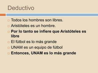 Deductivo
 Todos los hombres son libres.
 Aristóteles es un hombre.
 Por lo tanto se infiere que Aristóteles es
libre
 El fútbol es lo más grande
 UNAM es un equipo de fútbol
 Entonces, UNAM es lo más grande
 