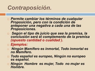Contraposición.
 Permite cambiar los términos de cualquier
Proposición, pero con la condición de
anteponer una negativa a cada una de las
Proposiciones.
 Según el tipo de juicio que sea la premisa, la
conclusión será el complemento de la premisa
(opuesto cantidad o cualidad ).
 Ejemplos:
 Ningún Mamífero es inmortal, Todo inmortal es
no Mamífero.
 Todo español es europeo, Ningún no europeo
es español.
 Ningún Hombre es mujer, Todo no mujer es
Hombre.
 