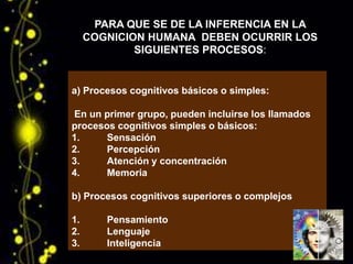 PARA QUE SE DE LA INFERENCIA EN LA
     COGNICION HUMANA DEBEN OCURRIR LOS
             SIGUIENTES PROCESOS:


a) Procesos cognitivos básicos o simples:

En un primer grupo, pueden incluirse los llamados
procesos cognitivos simples o básicos:
1.     Sensación
2.     Percepción
3.     Atención y concentración
4.     Memoria

b) Procesos cognitivos superiores o complejos

1.      Pensamiento
2.      Lenguaje
3.      Inteligencia
 