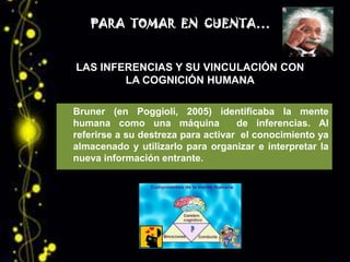 PARA TOMAR EN CUENTA…


LAS INFERENCIAS Y SU VINCULACIÓN CON
        LA COGNICIÓN HUMANA

Bruner (en Poggioli, 2005) identificaba la mente
humana como una máquina             de inferencias. Al
referirse a su destreza para activar el conocimiento ya
almacenado y utilizarlo para organizar e interpretar la
nueva información entrante.
 