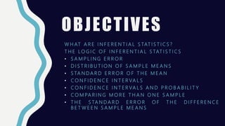 OBJECTIVES
W H AT A R E I N F E R E N T I A L S TAT I S T I C S ?
T H E L O G I C O F I N F E R E N T I A L S TAT I S T I C S
• S A M P L I N G E R R O R
• D I S T R I B U T I O N O F S A M P L E M E A N S
• S TA N D A R D E R R O R O F T H E M E A N
• C O N F I D E N C E I N T E R VA L S
• C O N F I D E N C E I N T E R VA L S A N D P R O B A B I L I T Y
• C O M PA R I N G M O R E T H A N O N E S A M P L E
• T H E S TA N D A R D E R R O R O F T H E D I F F E R E N C E
B E T W E E N S A M P L E M E A N S
 