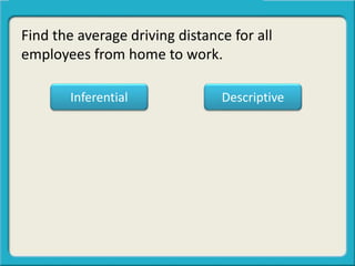 Find the average driving distance for all
employees from home to work.
Inferential Descriptive
 