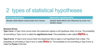 2 types of statistical hypotheses
Null hypothesis(Ho)

Alternative hypothesis(Ha)

Sample observations result purely from chance

sample observations are influenced by some nonrandom cause

Decision Errors
Type I error. A Type I error occurs when the researcher rejects a null hypothesis when it is true. The probability
of committing a Type I error is called the significance level. This probability is also called alpha( α).
Type II error. A Type II error occurs when the researcher fails to reject a null hypothesis that is false. The

probability of committing a Type II error is called Beta( β). The probability of not committing a Type II error is
called the Power of the test.

 