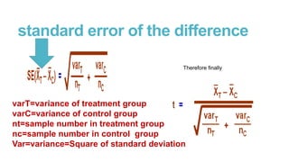 standard error of the difference
Therefore finally

varT=variance of treatment group
varC=variance of control group
nt=sample number in treatment group
nc=sample number in control group
Var=variance=Square of standard deviation

 