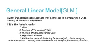 General Linear Model[GLM ]
Most important statistical tool that allows us to summarize a wide
variety of research outcomes
 It is the foundation for
1. t-test
2. Analysis of Variance (ANOVA)
3. Analysis of Covariance (ANCOVA)
4.Regression analysis
5.Multivariate methods including factor analysis, cluster analysis,
multidimensional scaling, discriminant function analysis, canonical correlation

 