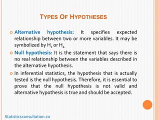 TYPES OF HYPOTHESES
 Alternative hypothesis: It specifies expected
relationship between two or more variables. It may be
symbolized by H1 or Ha.
 Null hypothesis: It is the statement that says there is
no real relationship between the variables described in
the alternative hypothesis.
 In inferential statistics, the hypothesis that is actually
tested is the null hypothesis. Therefore, it is essential to
prove that the null hypothesis is not valid and
alternative hypothesis is true and should be accepted.
Statisticsconsultation.co
 