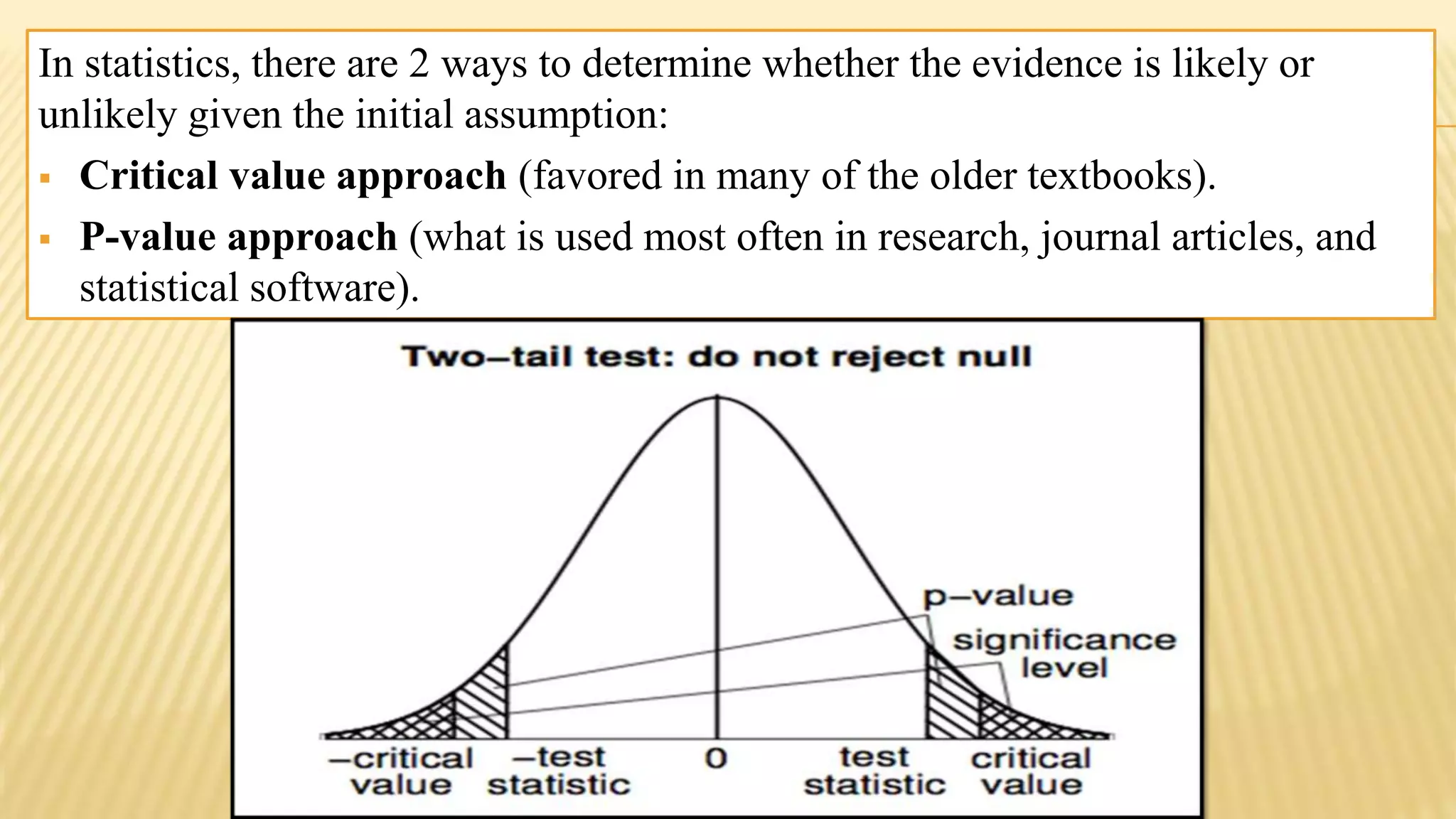 In statistics, there are 2 ways to determine whether the evidence is likely or
unlikely given the initial assumption:
 Critical value approach (favored in many of the older textbooks).
 P-value approach (what is used most often in research, journal articles, and
statistical software).
 