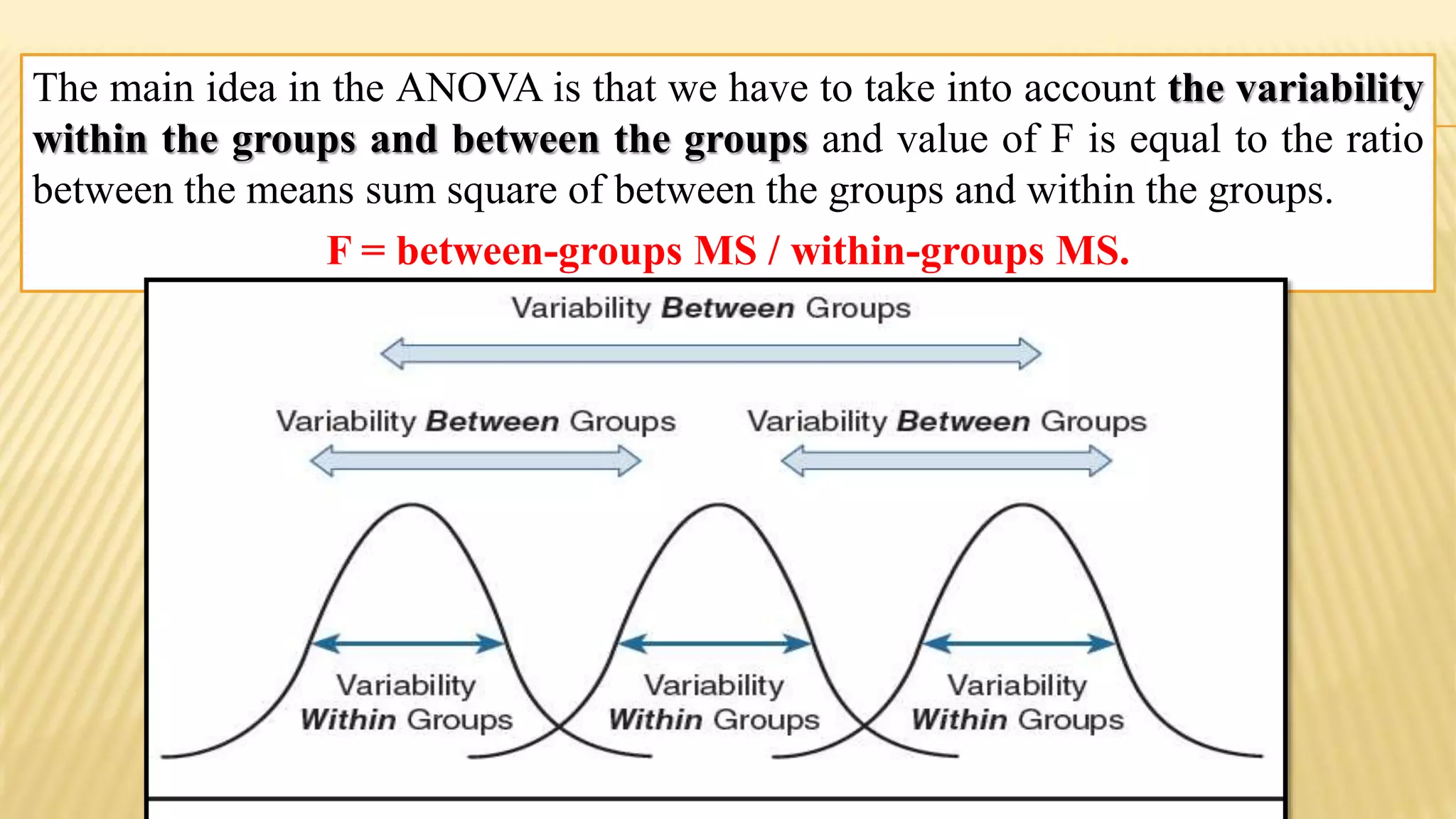 The main idea in the ANOVA is that we have to take into account the variability
within the groups and between the groups and value of F is equal to the ratio
between the means sum square of between the groups and within the groups.
F = between-groups MS / within-groups MS.
 