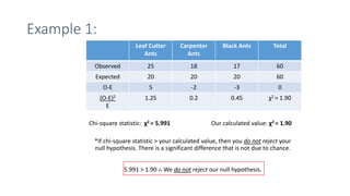 Example 1:
Chi-square statistic: χ2 = 5.991 Our calculated value: χ2 = 1.90
*If chi-square statistic > your calculated value, then you do not reject your
null hypothesis. There is a significant difference that is not due to chance.
5.991 > 1.90 ∴ We do not reject our null hypothesis.
Leaf Cutter
Ants
Carpenter
Ants
Black Ants Total
Observed 25 18 17 60
Expected 20 20 20 60
O-E 5 -2 -3 0
(O-E)2
E
1.25 0.2 0.45 χ2 = 1.90
 