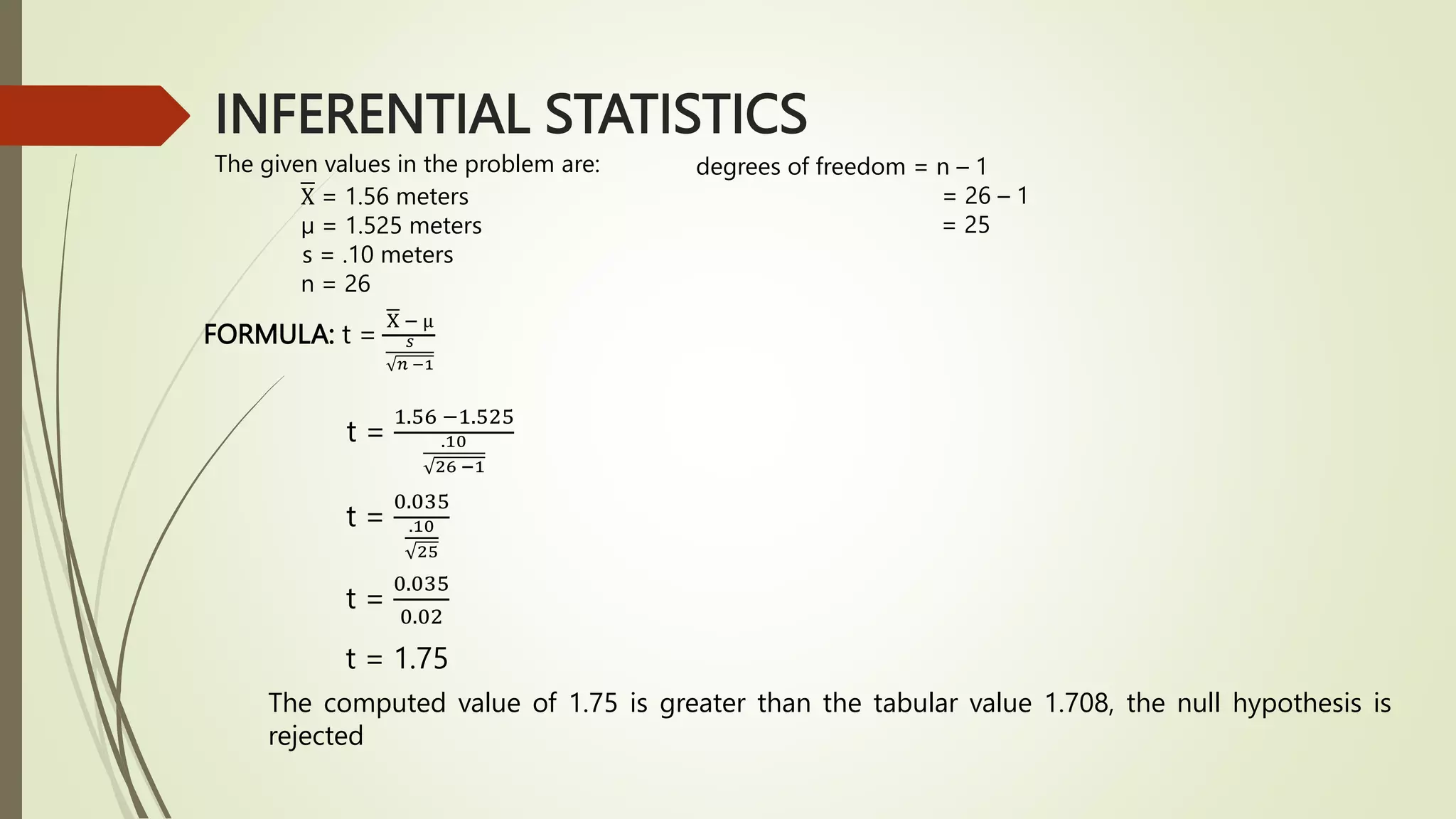 INFERENTIAL STATISTICS
The given values in the problem are:
X = 1.56 meters
µ = 1.525 meters
s = .10 meters
n = 26
degrees of freedom = n – 1
= 26 – 1
= 25
FORMULA: t =
X − µ
𝑠
𝑛 −1
t =
1.56 −1.525
.10
26 −1
t =
0.035
.10
25
t =
0.035
0.02
t = 1.75
The computed value of 1.75 is greater than the tabular value 1.708, the null hypothesis is
rejected
 