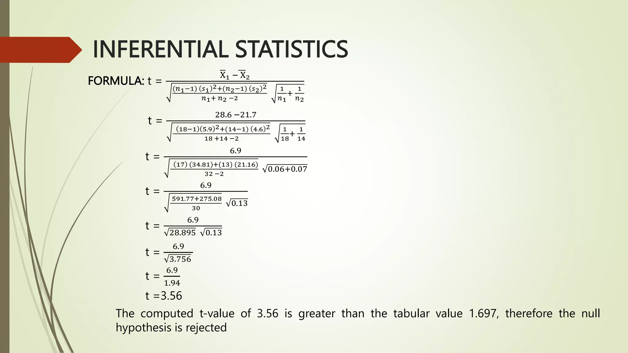 INFERENTIAL STATISTICS
FORMULA: t =
X1 − X2
(𝑛1−1) 𝑠1
2+(𝑛2−1) 𝑠2
2
𝑛1+ 𝑛2 −2
1
𝑛1
+
1
𝑛2
t =
28.6 −21.7
18−1 5.9 2+(14−1) 4.6 2
18 +14 −2
1
18
+
1
14
t =
6.9
17 (34.81)+(13) (21.16)
32 −2
0.06+0.07
t =
6.9
591.77+275.08
30
0.13
t =
6.9
28.895 0.13
t =
6.9
3.756
t =
6.9
1.94
t =3.56
The computed t-value of 3.56 is greater than the tabular value 1.697, therefore the null
hypothesis is rejected
 