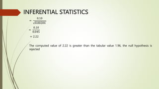 INFERENTIAL STATISTICS
=
0.10
0.00204
=
0.10
0.045
= 2.22
The computed value of 2.22 is greater than the tabular value 1.96, the null hypothesis is
rejected
 
