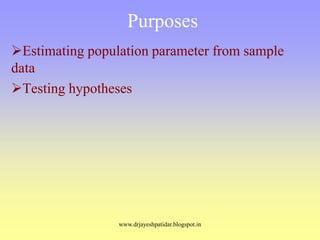 Purposes
Estimating population parameter from sample
data
Testing hypotheses
www.drjayeshpatidar.blogspot.in
 