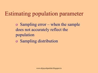 Estimating population parameter
o Sampling error – when the sample
does not accurately reflect the
population
o Sampling distribution
www.drjayeshpatidar.blogspot.in
 