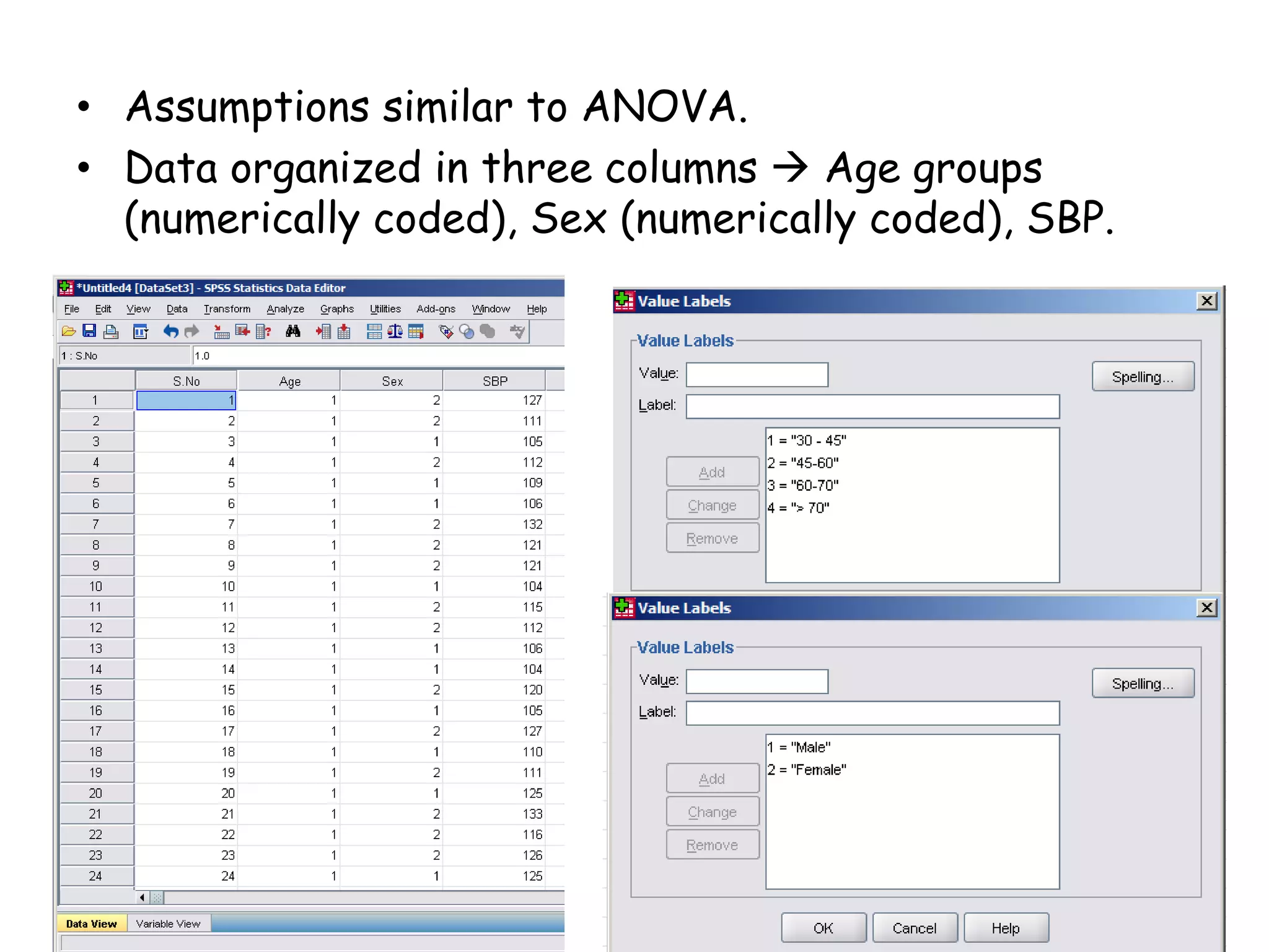 • Assumptions similar to ANOVA.
• Data organized in three columns  Age groups
(numerically coded), Sex (numerically coded), SBP.
 