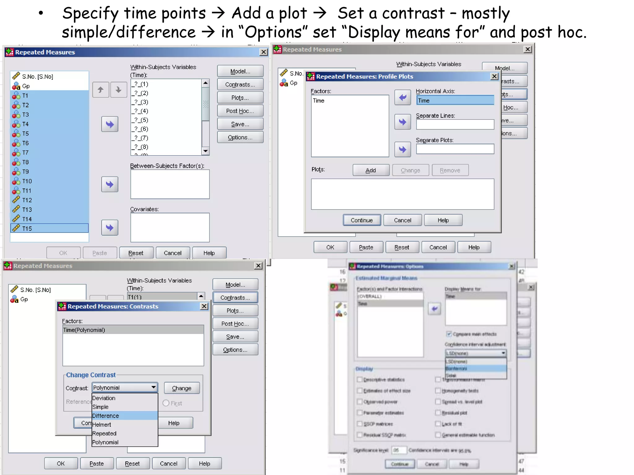 • Specify time points  Add a plot  Set a contrast – mostly
simple/difference  in “Options” set “Display means for” and post hoc.
 