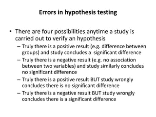 Errors in hypothesis testing
• There are four possibilities anytime a study is
carried out to verify an hypothesis
– Truly there is a positive result (e.g. difference between
groups) and study concludes a significant difference
– Truly there is a negative result (e.g. no association
between two variables) and study similarly concludes
no significant difference
– Truly there is a positive result BUT study wrongly
concludes there is no significant difference
– Truly there is a negative result BUT study wrongly
concludes there is a significant difference
 