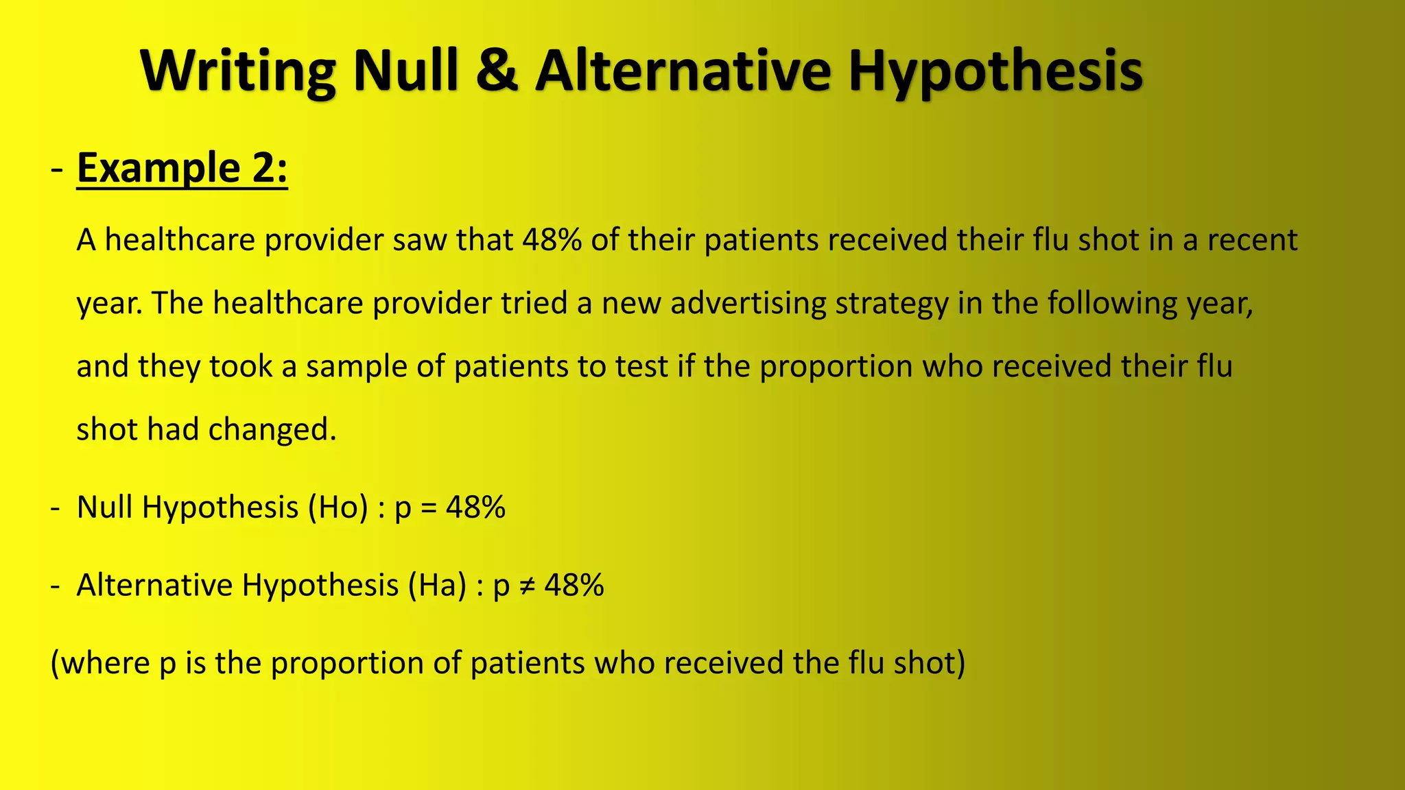 Writing Null & Alternative Hypothesis
- Example 2:
A healthcare provider saw that 48% of their patients received their flu shot in a recent
year. The healthcare provider tried a new advertising strategy in the following year,
and they took a sample of patients to test if the proportion who received their flu
shot had changed.
- Null Hypothesis (Ho) : p = 48%
- Alternative Hypothesis (Ha) : p ≠ 48%
(where p is the proportion of patients who received the flu shot)
 
