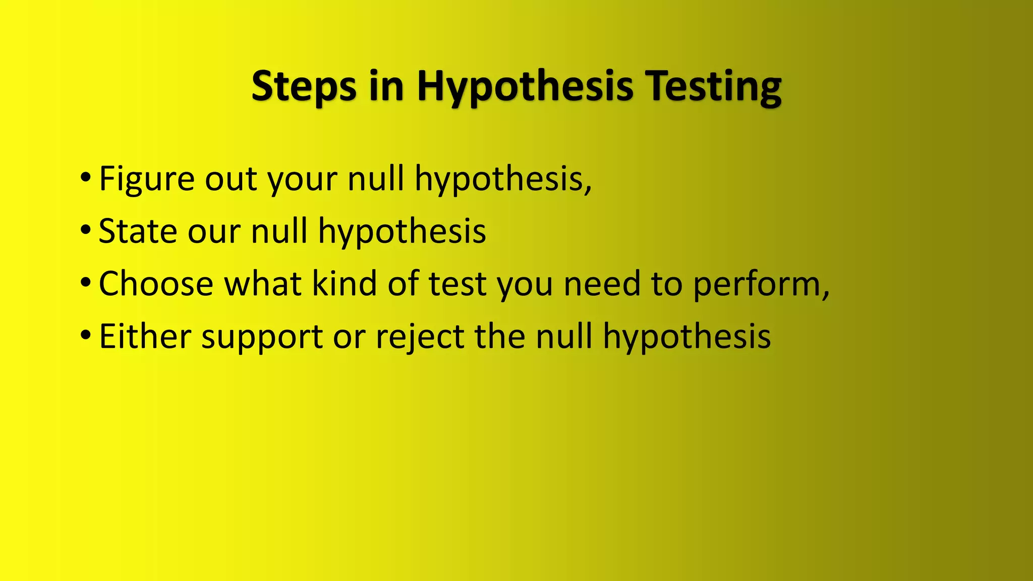 Steps in Hypothesis Testing
• Figure out your null hypothesis,
• State our null hypothesis
• Choose what kind of test you need to perform,
• Either support or reject the null hypothesis
 