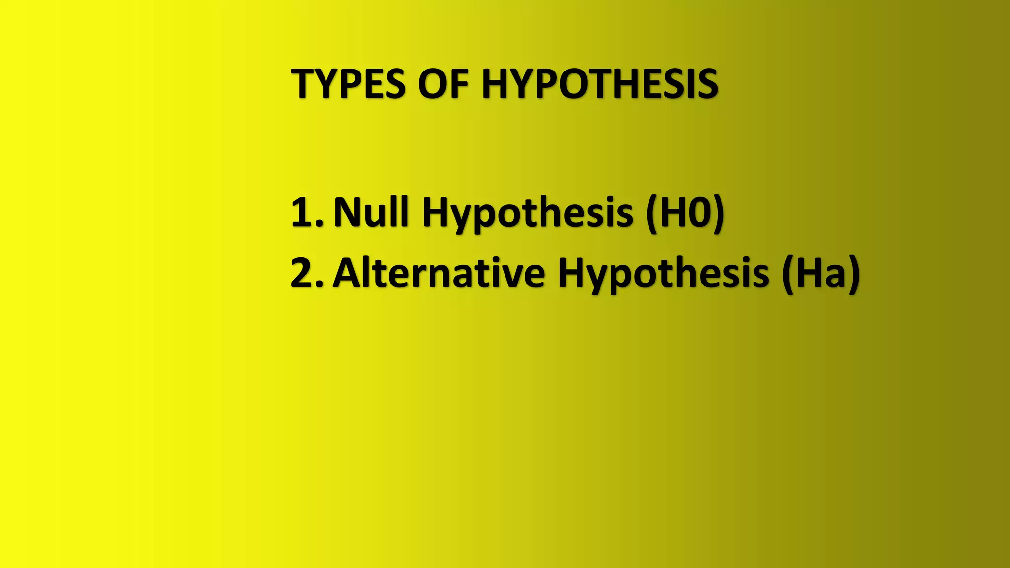 TYPES OF HYPOTHESIS
1.Null Hypothesis (H0)
2.Alternative Hypothesis (Ha)
 