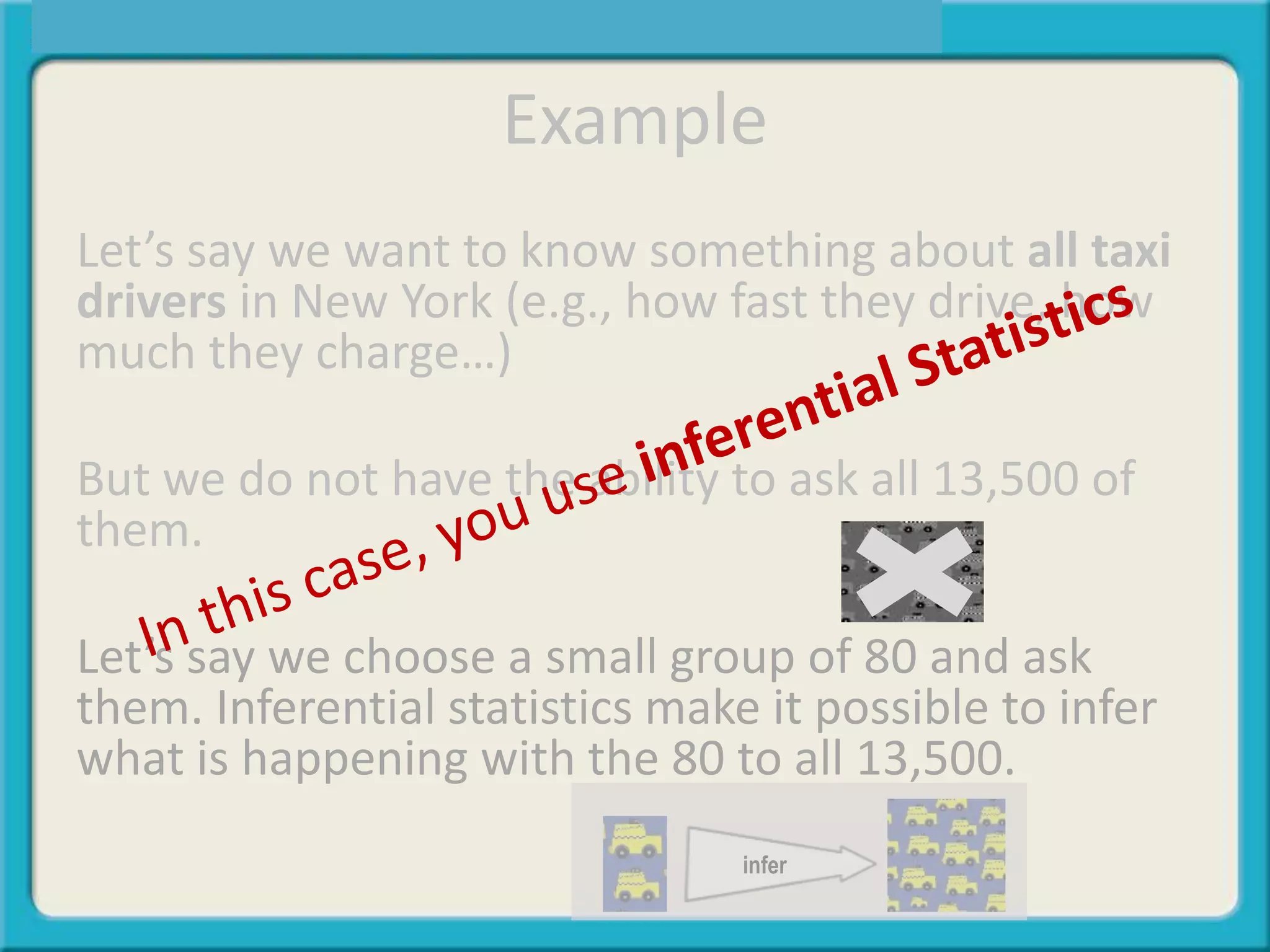 Example
Let’s say we want to know something about all taxi
drivers in New York (e.g., how fast they drive, how
much they charge…)
But we do not have the ability to ask all 13,500 of
them.
Let’s say we choose a small group of 80 and ask
them. Inferential statistics make it possible to infer
what is happening with the 80 to all 13,500.
infer
 