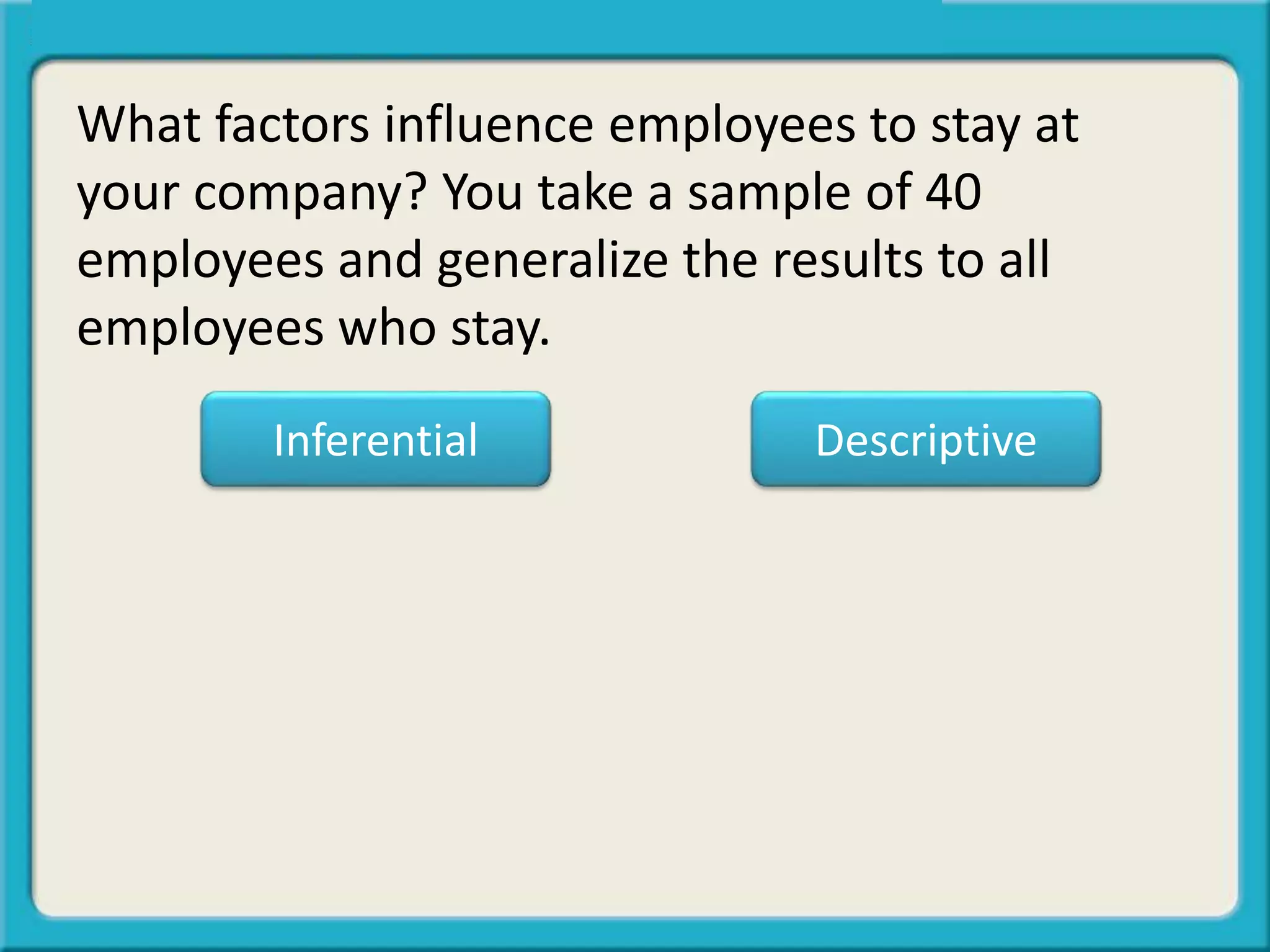 What factors influence employees to stay at
your company? You take a sample of 40
employees and generalize the results to all
employees who stay.
Inferential Descriptive
 