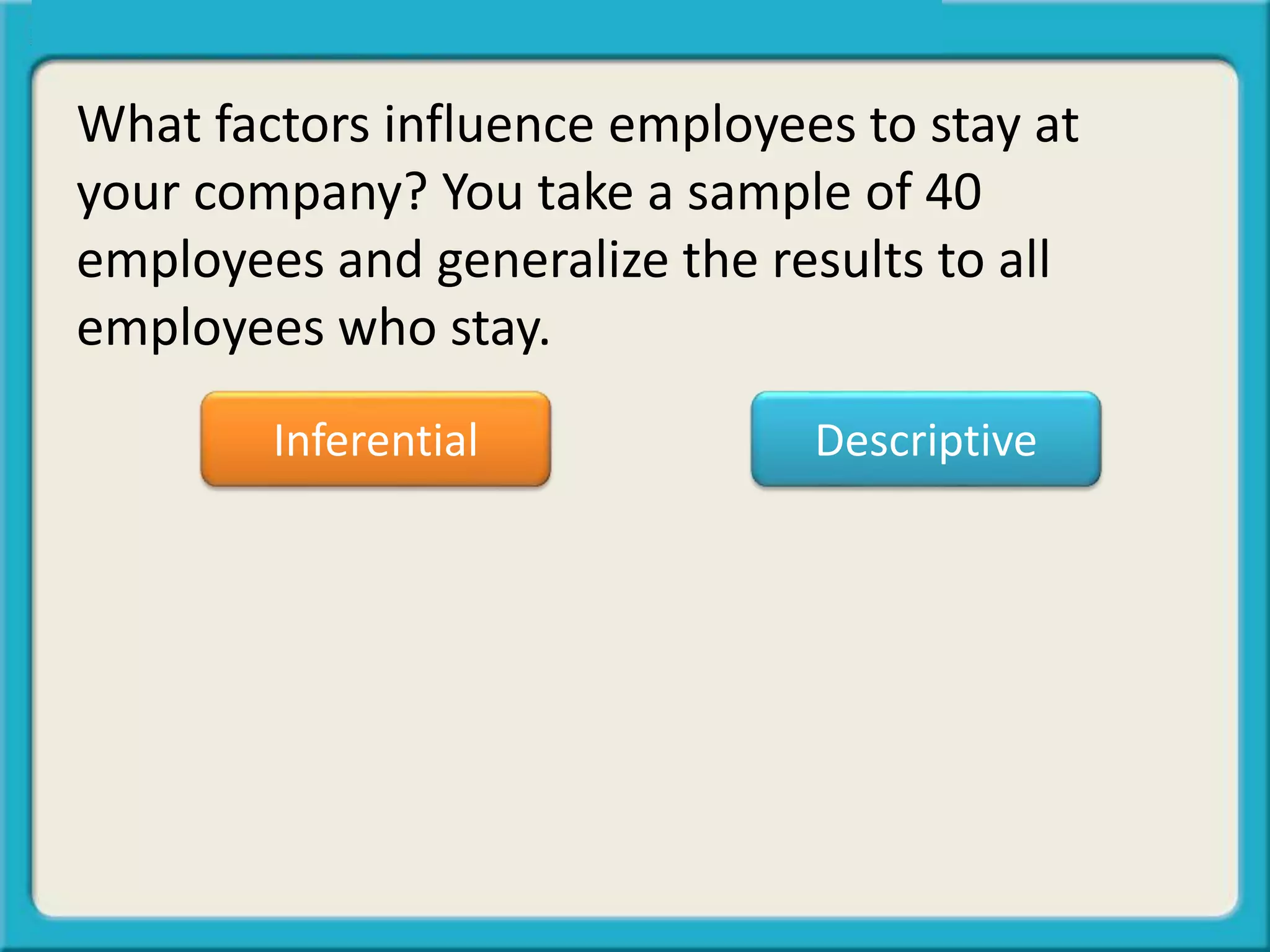 What factors influence employees to stay at
your company? You take a sample of 40
employees and generalize the results to all
employees who stay.
Inferential Descriptive
 