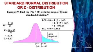 22
STANDARD NORMAL DISTRIBUTION
OR Z - DISTRIBUTION
Example 9, Find the P(x ≥ 80) with the mean of 65 and
standard deviation 9
x - µ
σ
Z =
Z = 80 – 65
9
= 15 / 9
Z = 1.67
µ= 65 µ= 80
Area
Required
Z = 0 Z = 1.67
P(X > 80) = P (Z > 1.67)
= 1 - P (Z < 1.67)
= 1 - 0.9525
P(X > 80) = 0.0475
 