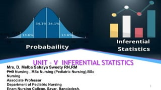 UNIT – V INFERENTIAL STATISTICS
1
Mrs. D. Melba Sahaya Sweety RN,RM
PhD Nursing , MSc Nursing (Pediatric Nursing),BSc
Nursing
Associate Professor
Department of Pediatric Nursing
Enam Nursing College, Savar, Bangladesh.
 