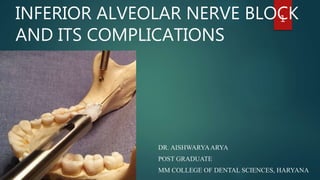 DR. AISHWARYAARYA
POST GRADUATE
MM COLLEGE OF DENTAL SCIENCES, HARYANA
INFERIOR ALVEOLAR NERVE BLOCK
AND ITS COMPLICATIONS
1
 