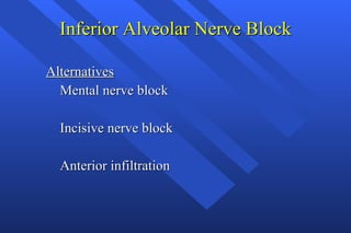 Inferior Alveolar Nerve Block Alternatives Mental nerve block Incisive nerve block Anterior infiltration 