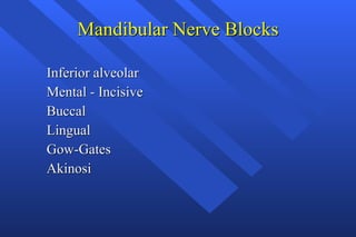 Mandibular Nerve Blocks Inferior alveolar Mental - Incisive  Buccal Lingual Gow-Gates Akinosi 