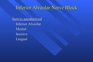 Inferior Alveolar Nerve Block Nerves anesthetized Inferior Alveolar Mental Incisive  Lingual 