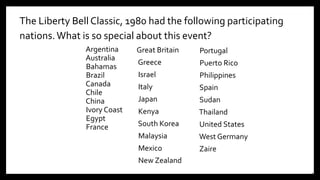 The Liberty Bell Classic, 1980 had the following participating
nations.What is so special about this event?
Argentina
Australia
Bahamas
Brazil
Canada
Chile
China
Ivory Coast
Egypt
France
Great Britain
Greece
Israel
Italy
Japan
Kenya
South Korea
Malaysia
Mexico
New Zealand
Portugal
Puerto Rico
Philippines
Spain
Sudan
Thailand
United States
West Germany
Zaire
22
 