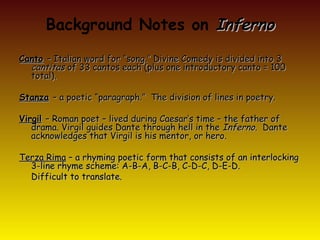 Background Notes on Inferno
Canto – Italian word for “song.” Divine Comedy is divided into 3
  cantitas of 33 cantos each (plus one introductory canto = 100
  total).

Stanza – a poetic “paragraph.” The division of lines in poetry.

Virgil – Roman poet – lived during Caesar’s time – the father of
   drama. Virgil guides Dante through hell in the Inferno. Dante
   acknowledges that Virgil is his mentor, or hero.

Terza Rima – a rhyming poetic form that consists of an interlocking
  3-line rhyme scheme: A-B-A, B-C-B, C-D-C, D-E-D.
  Difficult to translate.
 